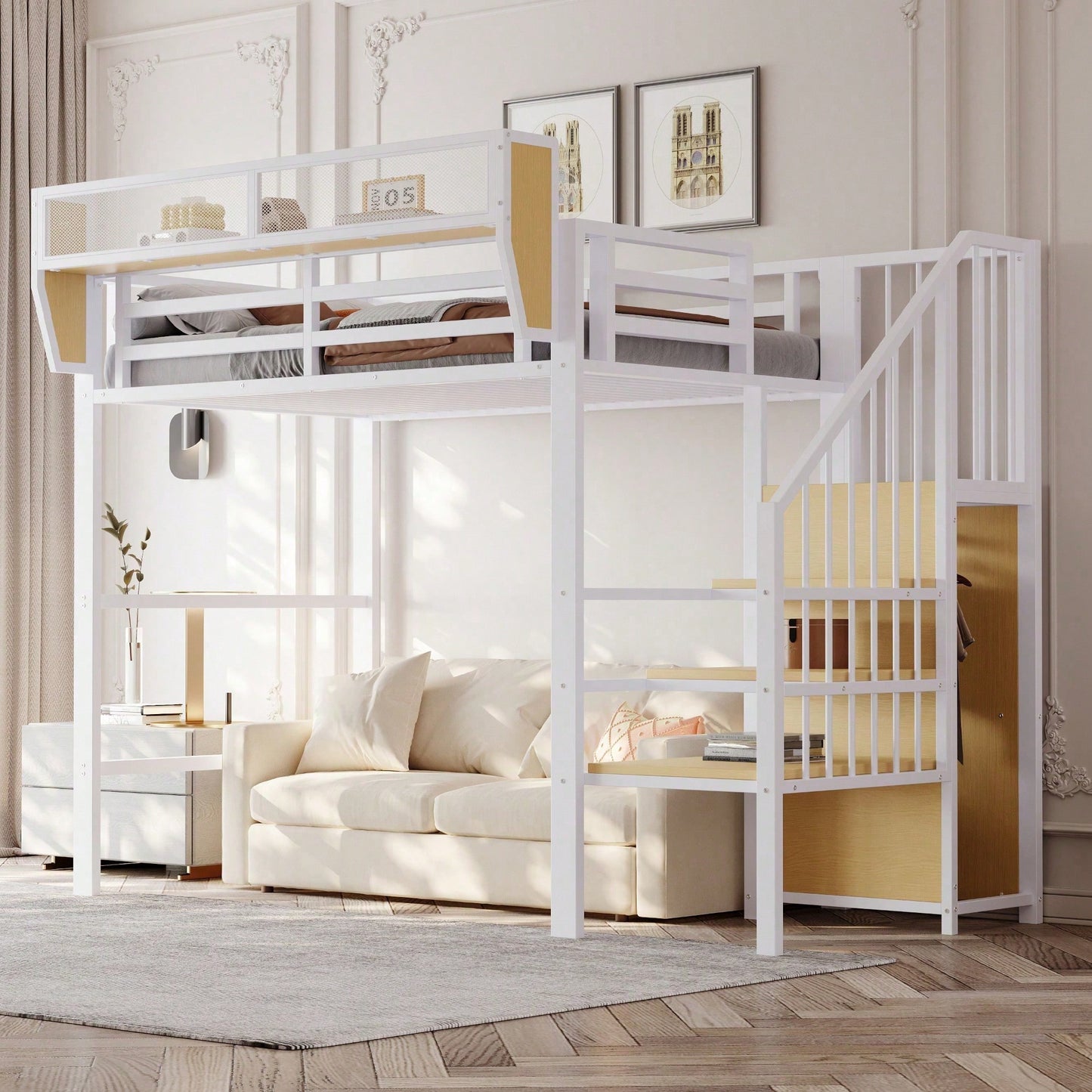 Hochbett 90x200 mit Sicherheitsleiter und flexiblem Staufach, Metallbett Erwachsenenbett Kinder-Etagenbett Schwarz