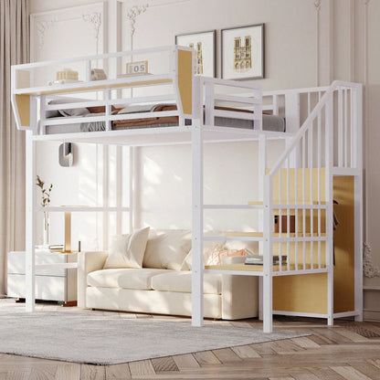 Hochbett 90x200 mit Sicherheitsleiter und flexiblem Staufach, Metallbett Erwachsenenbett Kinder-Etagenbett Schwarz