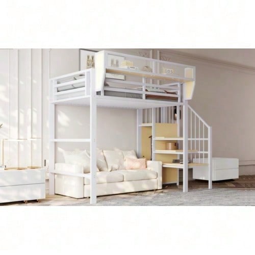 Hochbett 90x200 mit Sicherheitsleiter und flexiblem Staufach, Metallbett Erwachsenenbett Kinder-Etagenbett Schwarz