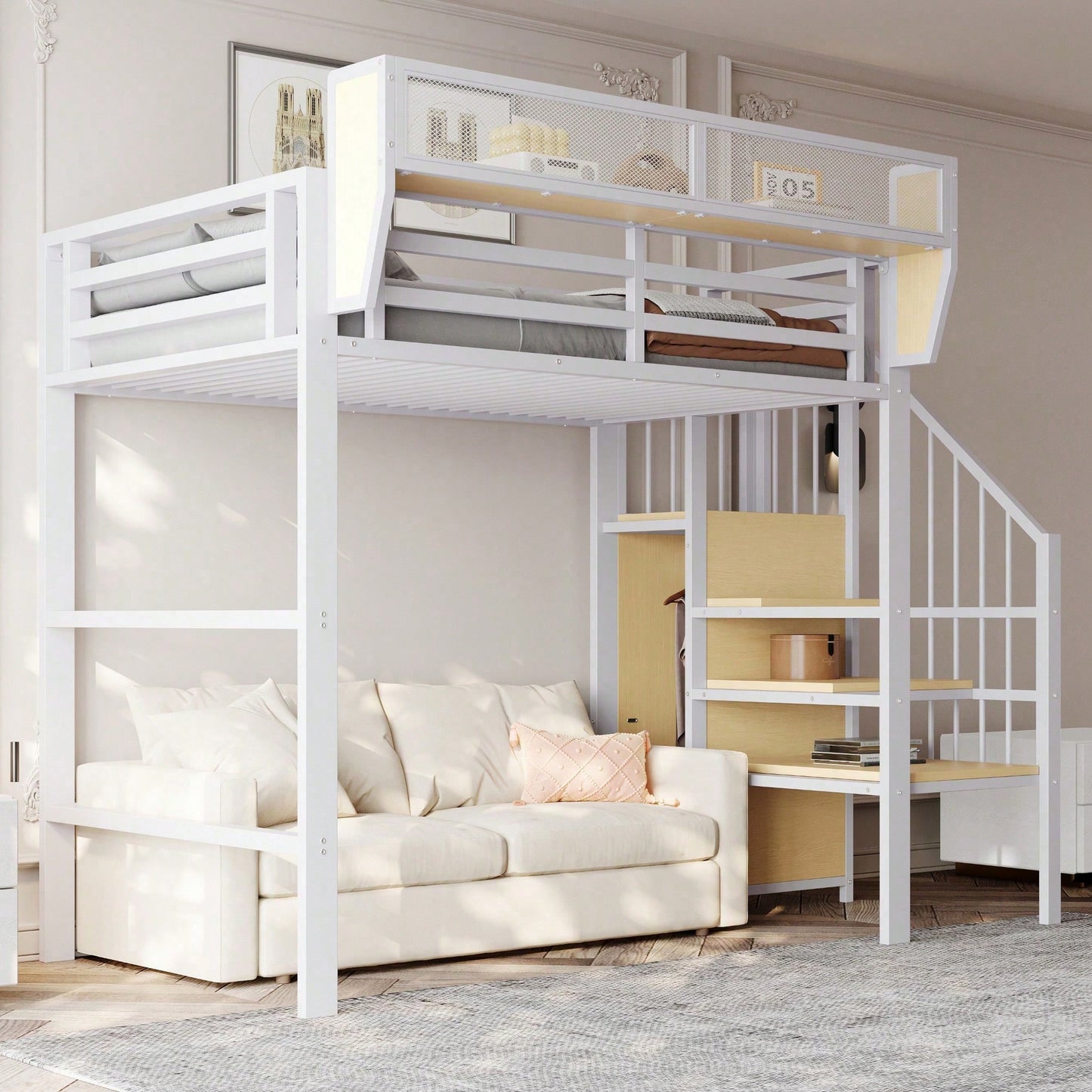 Hochbett 90x200 mit Sicherheitsleiter und flexiblem Staufach, Metallbett Erwachsenenbett Kinder-Etagenbett Schwarz
