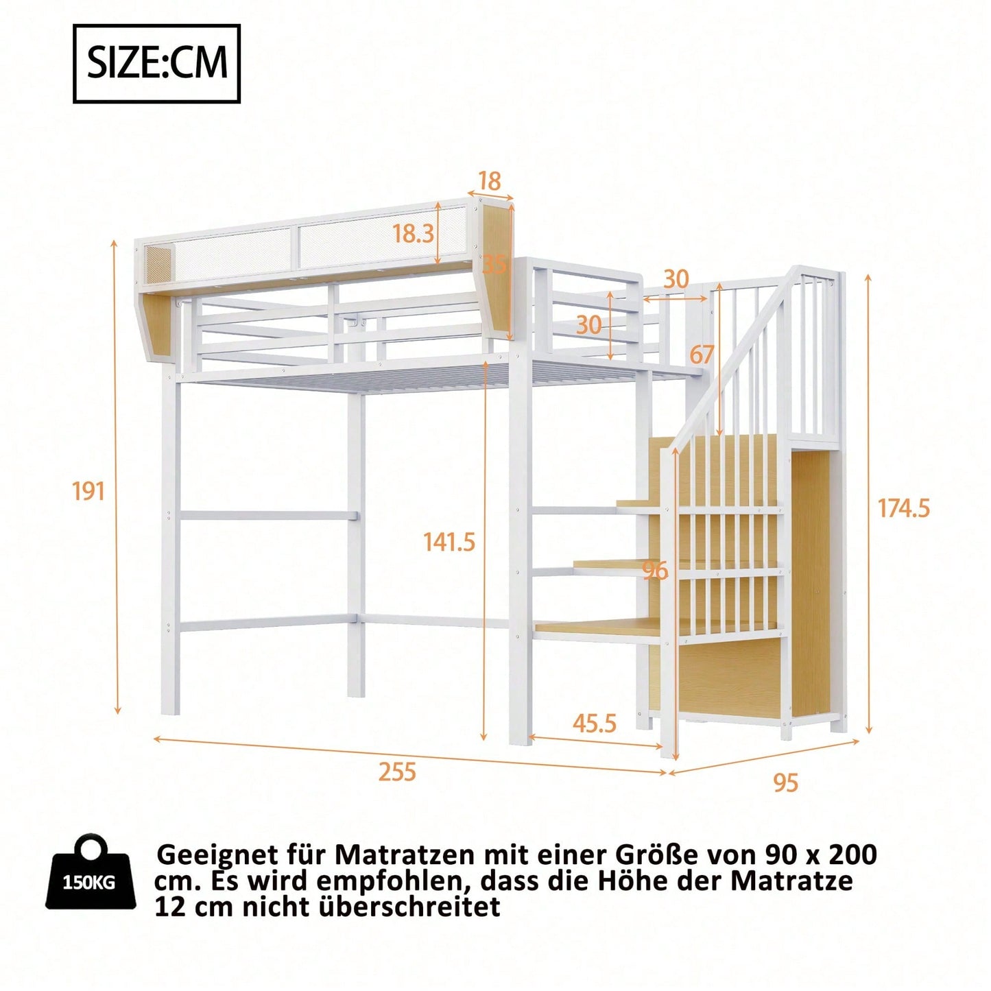Hochbett 90x200 mit Sicherheitsleiter und flexiblem Staufach, Metallbett Erwachsenenbett Kinder-Etagenbett Schwarz