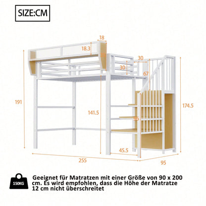 Hochbett 90x200 mit Sicherheitsleiter und flexiblem Staufach, Metallbett Erwachsenenbett Kinder-Etagenbett Schwarz
