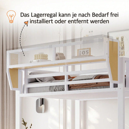 Hochbett 90x200 mit Sicherheitsleiter und flexiblem Staufach, Metallbett Erwachsenenbett Kinder-Etagenbett Schwarz