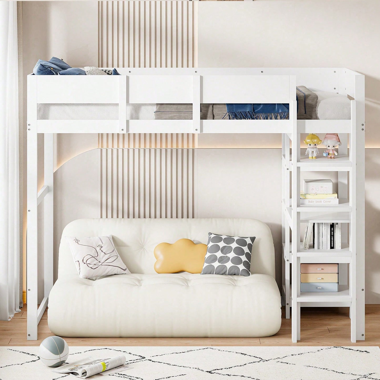 Hochbett mit Ablage 90 x 200 cm, Bettgestell aus massivem Kiefernholz mit Lattenrost,Bett für Kinder und Jugendliche Grau