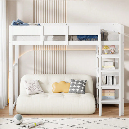 Hochbett mit Ablage 90 x 200 cm, Bettgestell aus massivem Kiefernholz mit Lattenrost,Bett für Kinder und Jugendliche Grau