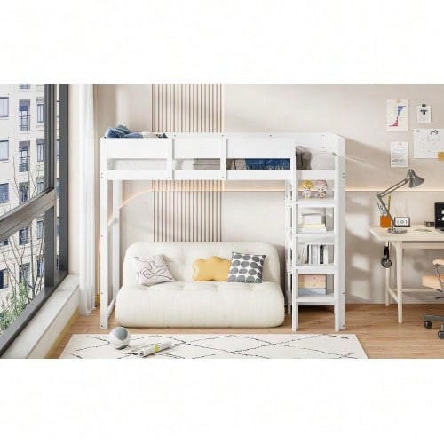 Hochbett mit Ablage 90 x 200 cm, Bettgestell aus massivem Kiefernholz mit Lattenrost,Bett für Kinder und Jugendliche Grau