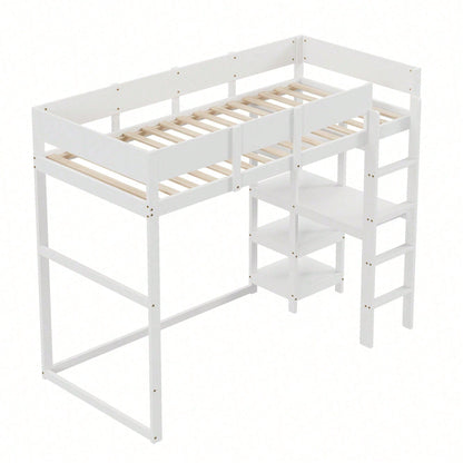 Hochbett mit Ablage 90 x 200 cm, Bettgestell aus massivem Kiefernholz mit Lattenrost,Bett für Kinder und Jugendliche Grau