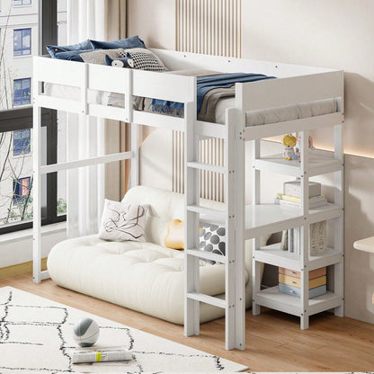 Hochbett mit Ablage 90 x 200 cm, Bettgestell aus massivem Kiefernholz mit Lattenrost,Bett für Kinder und Jugendliche Grau