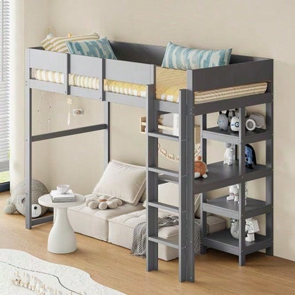 Hochbett mit Ablage 90 x 200 cm, Bettgestell aus massivem Kiefernholz mit Lattenrost,Bett für Kinder und Jugendliche Grau