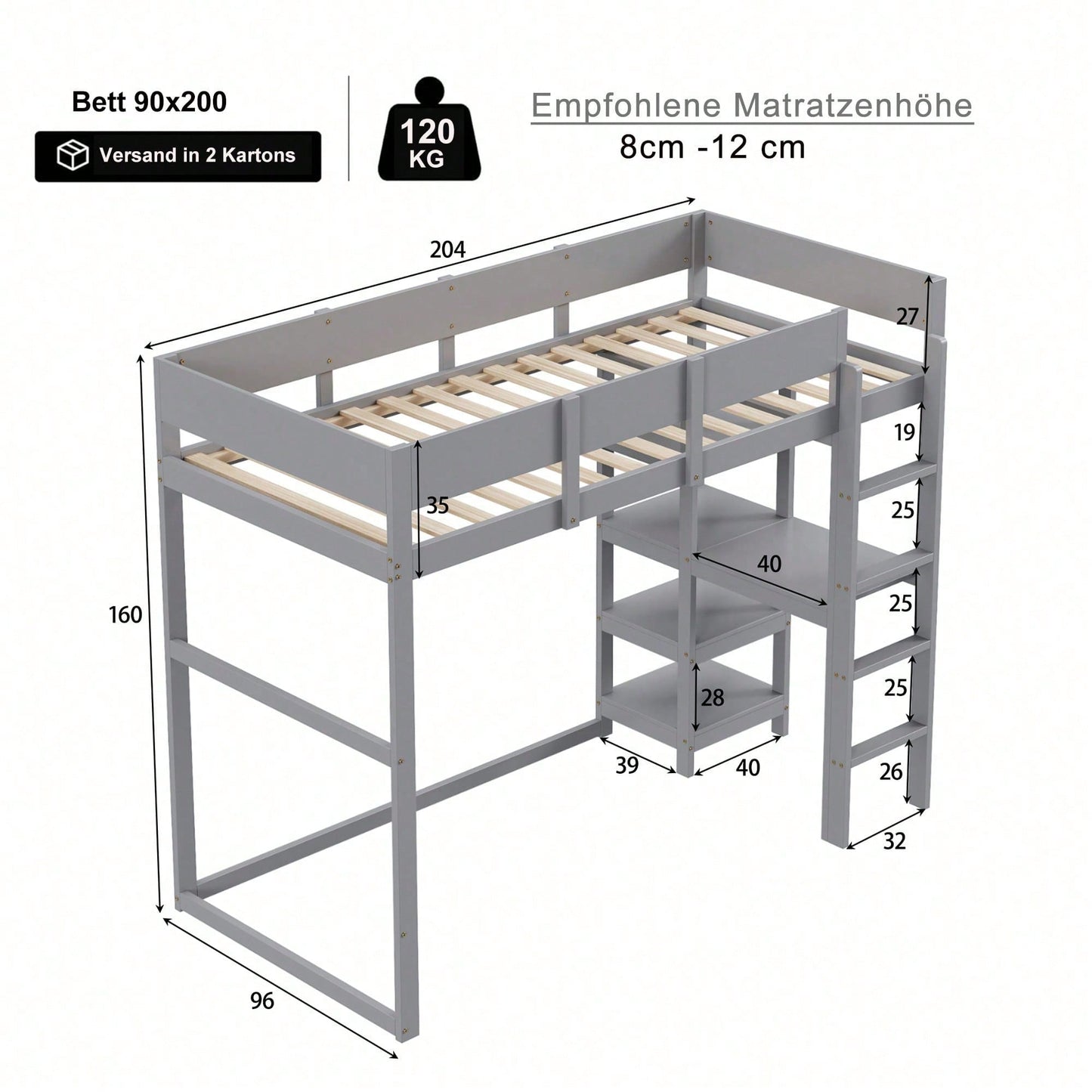 Hochbett mit Ablage 90 x 200 cm, Bettgestell aus massivem Kiefernholz mit Lattenrost,Bett für Kinder und Jugendliche Grau