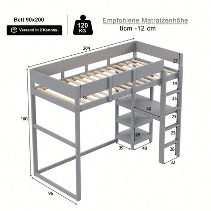 Hochbett mit Ablage 90 x 200 cm, Bettgestell aus massivem Kiefernholz mit Lattenrost,Bett für Kinder und Jugendliche Grau