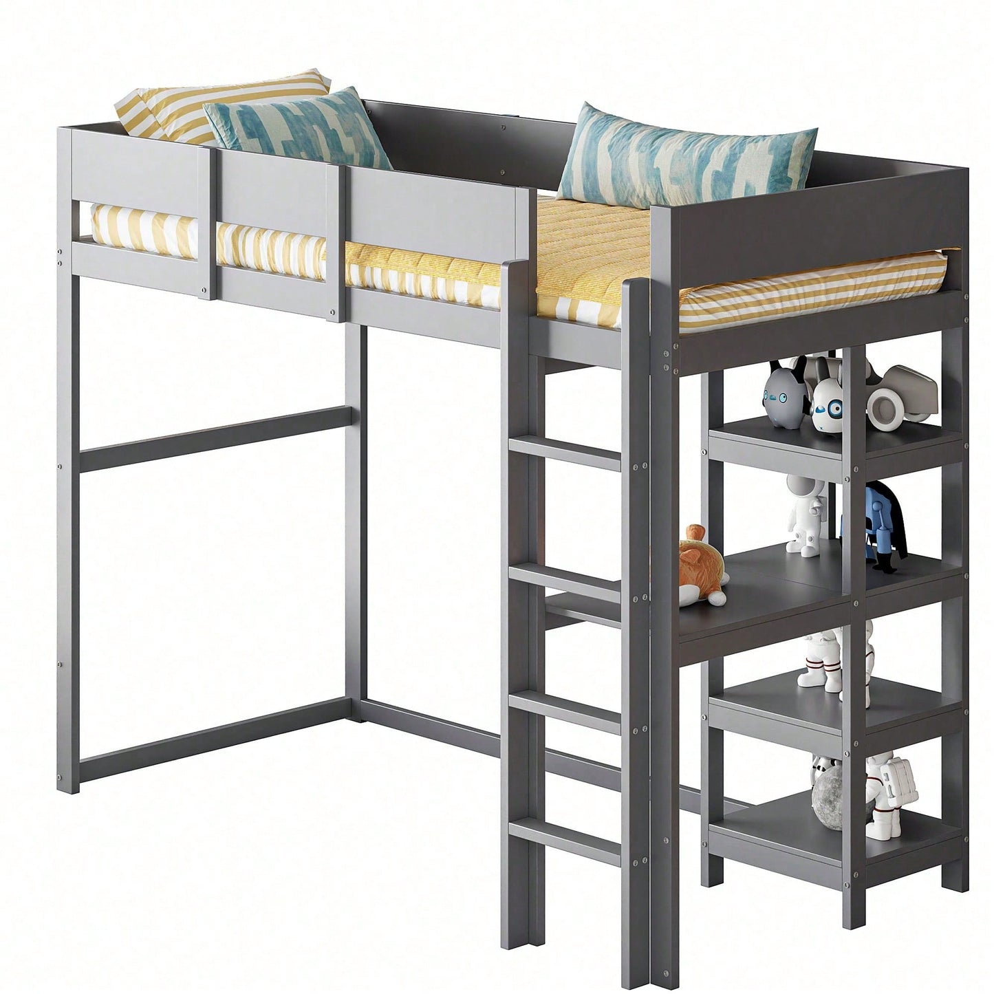 Hochbett mit Ablage 90 x 200 cm, Bettgestell aus massivem Kiefernholz mit Lattenrost,Bett für Kinder und Jugendliche Grau