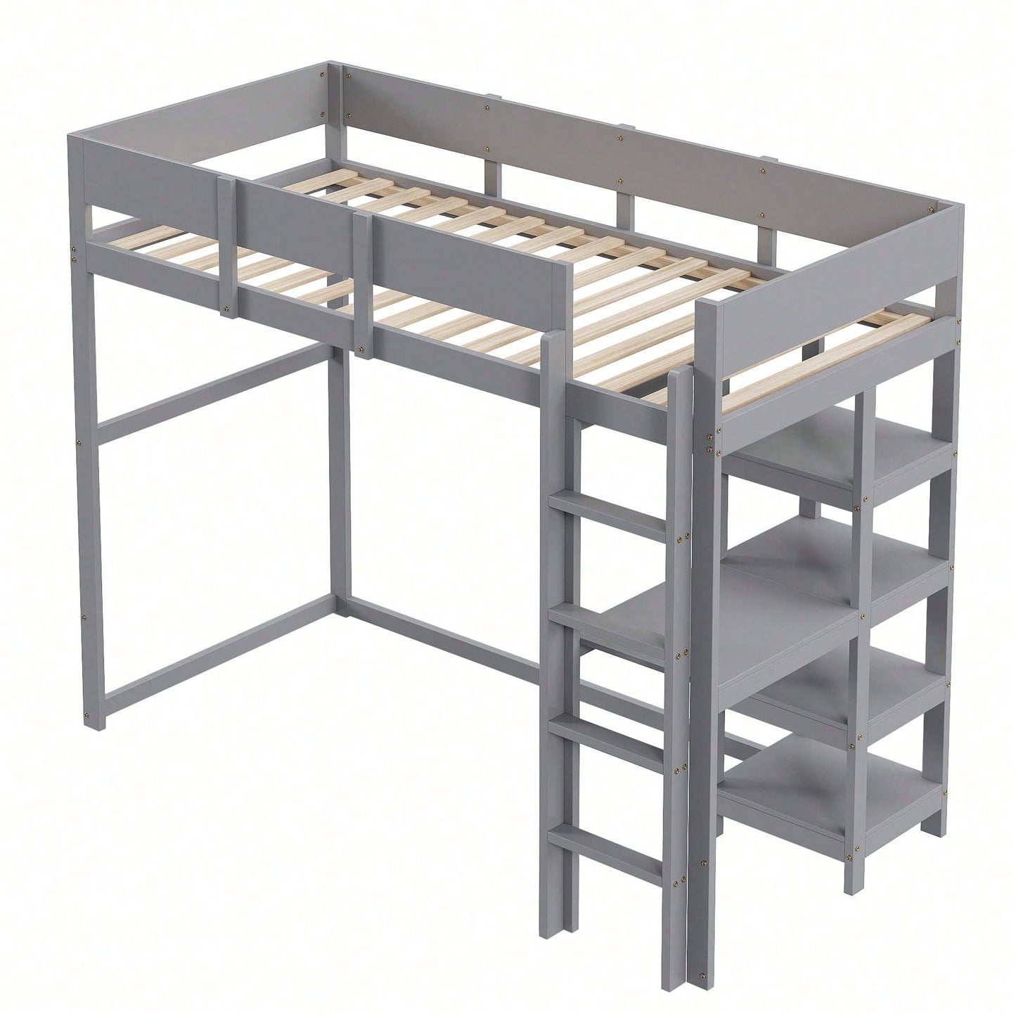 Hochbett mit Ablage 90 x 200 cm, Bettgestell aus massivem Kiefernholz mit Lattenrost,Bett für Kinder und Jugendliche Grau