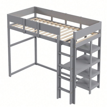 Hochbett mit Ablage 90 x 200 cm, Bettgestell aus massivem Kiefernholz mit Lattenrost,Bett für Kinder und Jugendliche Grau