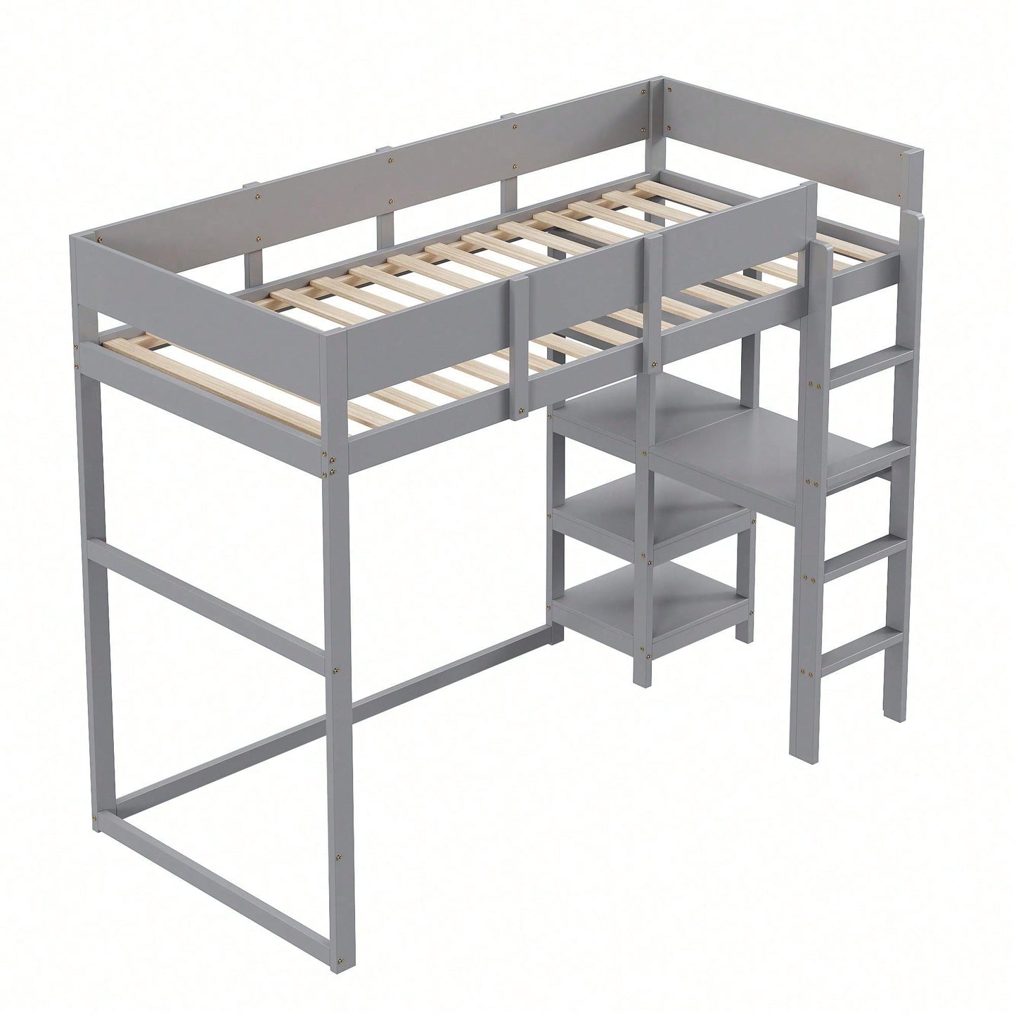 Hochbett mit Ablage 90 x 200 cm, Bettgestell aus massivem Kiefernholz mit Lattenrost,Bett für Kinder und Jugendliche Grau