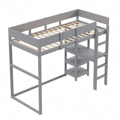 Hochbett mit Ablage 90 x 200 cm, Bettgestell aus massivem Kiefernholz mit Lattenrost,Bett für Kinder und Jugendliche Grau