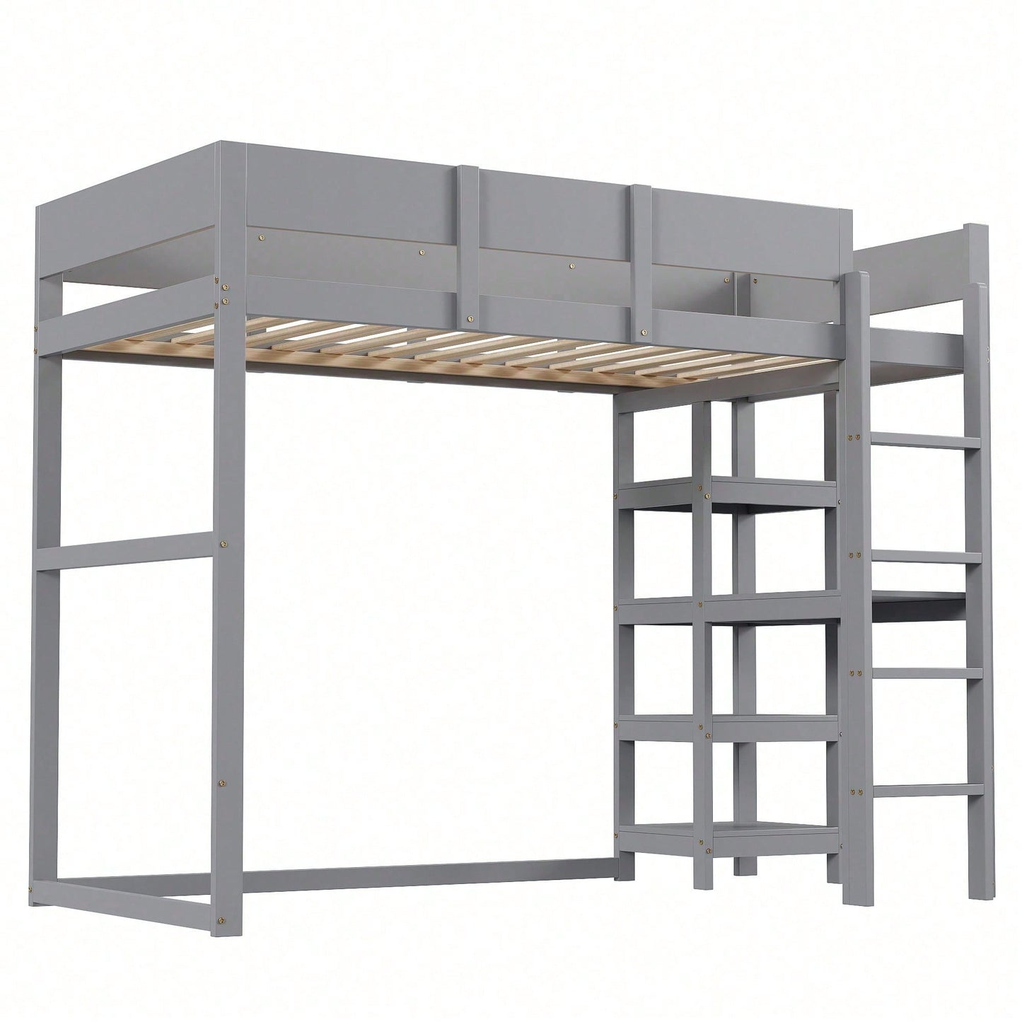 Hochbett mit Ablage 90 x 200 cm, Bettgestell aus massivem Kiefernholz mit Lattenrost,Bett für Kinder und Jugendliche Grau