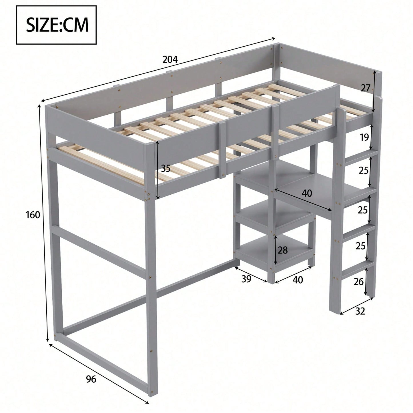 Hochbett mit Ablage 90 x 200 cm, Bettgestell aus massivem Kiefernholz mit Lattenrost,Bett für Kinder und Jugendliche Grau