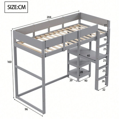 Hochbett mit Ablage 90 x 200 cm, Bettgestell aus massivem Kiefernholz mit Lattenrost,Bett für Kinder und Jugendliche Grau