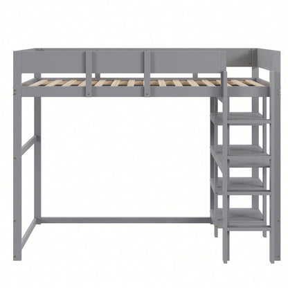 Hochbett mit Ablage 90 x 200 cm, Bettgestell aus massivem Kiefernholz mit Lattenrost,Bett für Kinder und Jugendliche Grau
