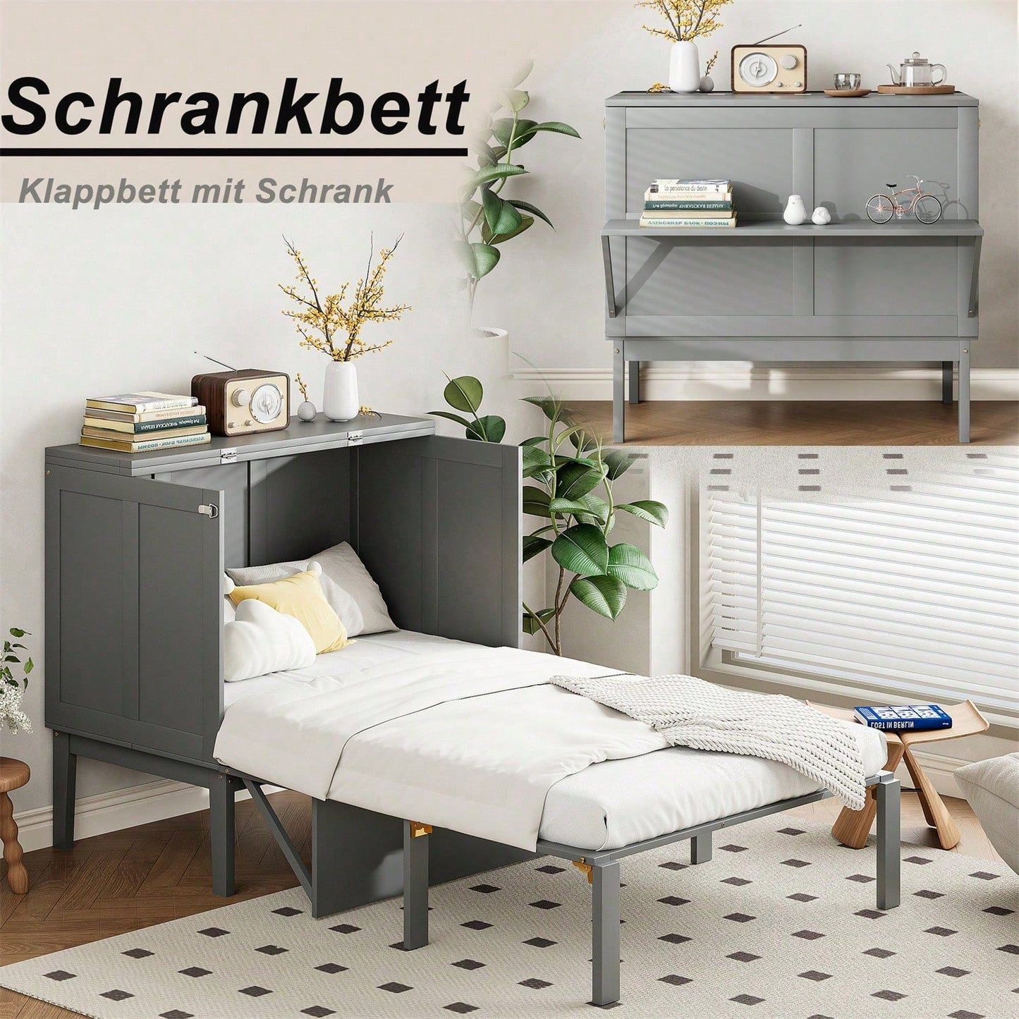 Schrankbett 90x200 cm, Wandbett mit Lattenrost, Wandklappbett, vertikales Schrankbett mit Lattenrost, Jugendbett, grau