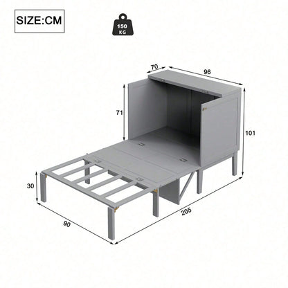 Schrankbett 90x200 cm, Wandbett mit Lattenrost, Wandklappbett, vertikales Schrankbett mit Lattenrost, Jugendbett, grau