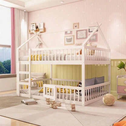 Kinder-Etagenbett 140*200, Kinder-Familienbett, Etagenbett mit Treppe, Loft Design, Massivholz-Etagenbett-Rahmen, Weiß