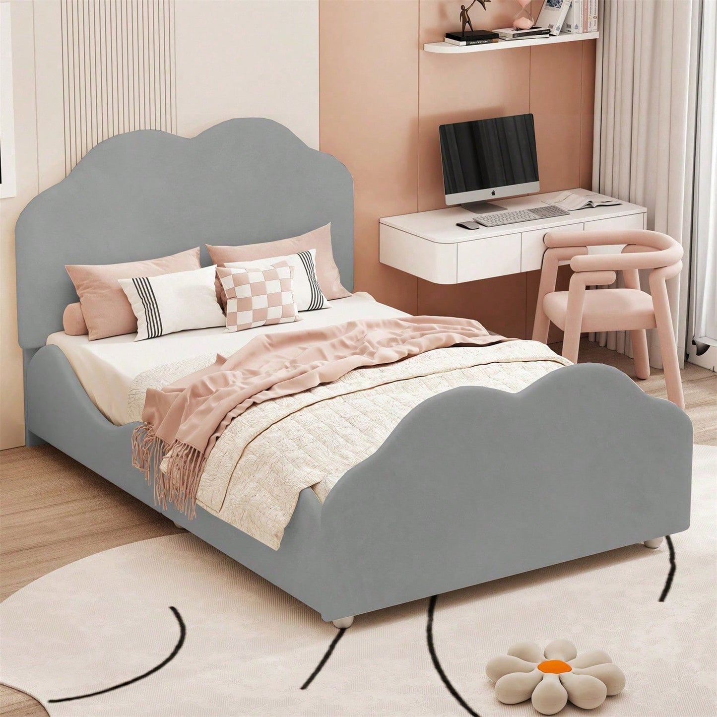 Polsterbett Kinderbett 90 x 200 cm hohes Geländer-Kinderbettgestell mit wolkenförmigem Kopf- und Fußteil. Einzelbett in hautfreundlichem Samt Rosa,ohne Matratze,