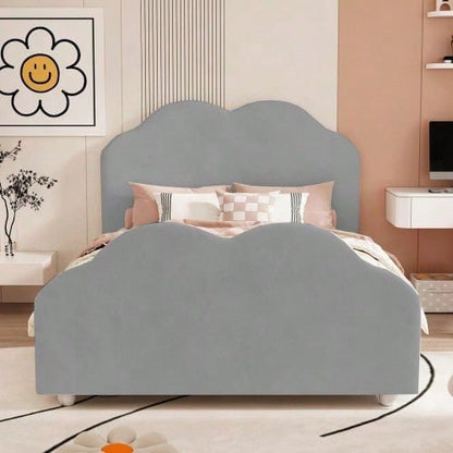 Polsterbett Kinderbett 90 x 200 cm hohes Geländer-Kinderbettgestell mit wolkenförmigem Kopf- und Fußteil. Einzelbett in hautfreundlichem Samt Rosa,ohne Matratze,