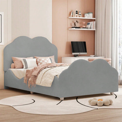 Polsterbett Kinderbett 90 x 200 cm hohes Geländer-Kinderbettgestell mit wolkenförmigem Kopf- und Fußteil. Einzelbett in hautfreundlichem Samt Rosa,ohne Matratze,