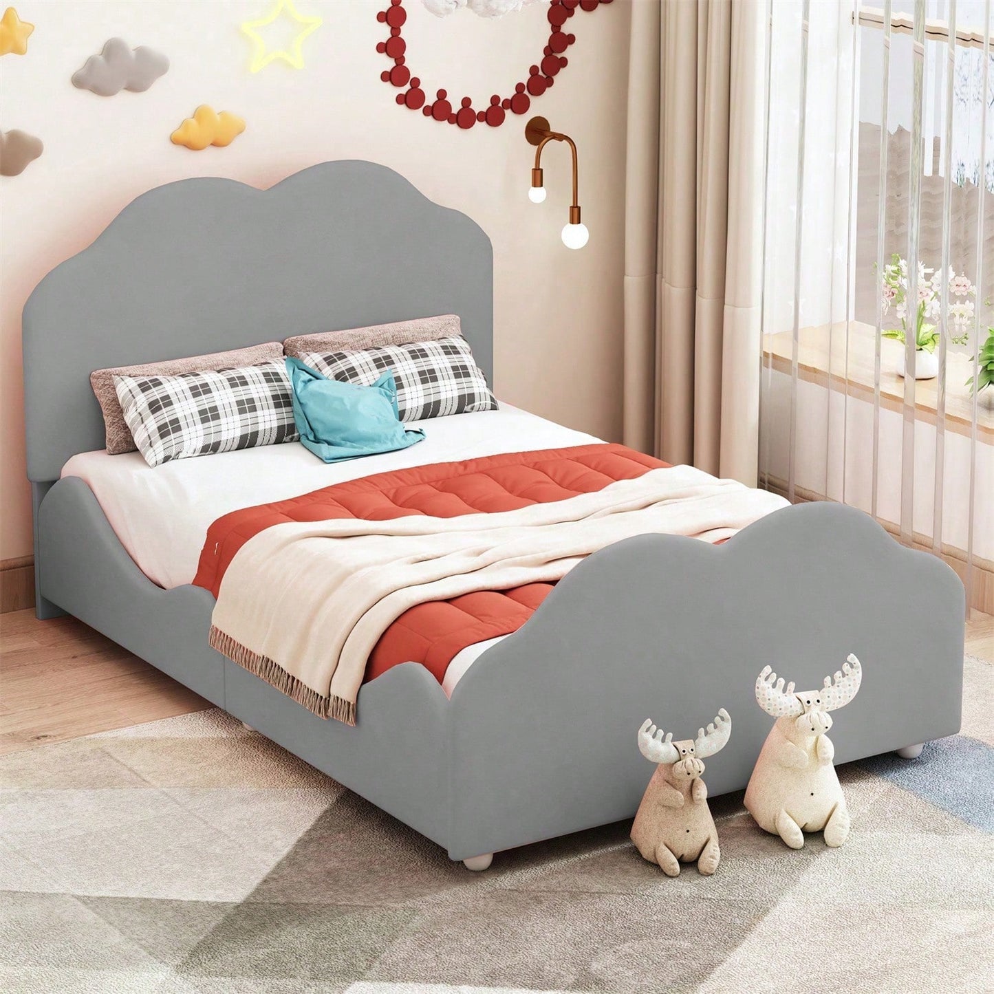 Polsterbett Kinderbett 90 x 200 cm hohes Geländer-Kinderbettgestell mit wolkenförmigem Kopf- und Fußteil. Einzelbett in hautfreundlichem Samt Rosa,ohne Matratze,
