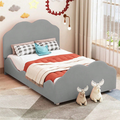 Polsterbett Kinderbett 90 x 200 cm hohes Geländer-Kinderbettgestell mit wolkenförmigem Kopf- und Fußteil. Einzelbett in hautfreundlichem Samt Rosa,ohne Matratze,