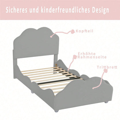 Polsterbett Kinderbett 90 x 200 cm hohes Geländer-Kinderbettgestell mit wolkenförmigem Kopf- und Fußteil. Einzelbett in hautfreundlichem Samt Rosa,ohne Matratze,