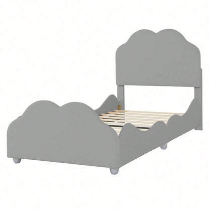 Polsterbett Kinderbett 90 x 200 cm hohes Geländer-Kinderbettgestell mit wolkenförmigem Kopf- und Fußteil. Einzelbett in hautfreundlichem Samt Rosa,ohne Matratze,