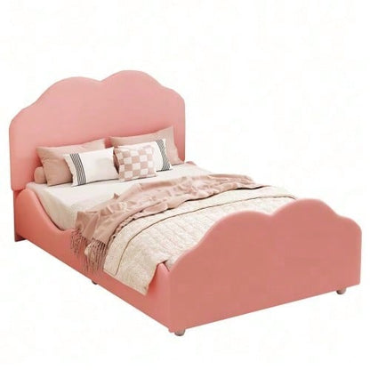 Polsterbett Kinderbett 90 x 200 cm hohes Geländer-Kinderbettgestell mit wolkenförmigem Kopf- und Fußteil. Einzelbett in hautfreundlichem Samt Rosa,ohne Matratze,