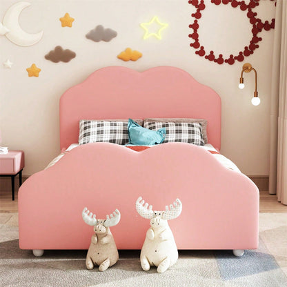 Polsterbett Kinderbett 90 x 200 cm hohes Geländer-Kinderbettgestell mit wolkenförmigem Kopf- und Fußteil. Einzelbett in hautfreundlichem Samt Rosa,ohne Matratze,