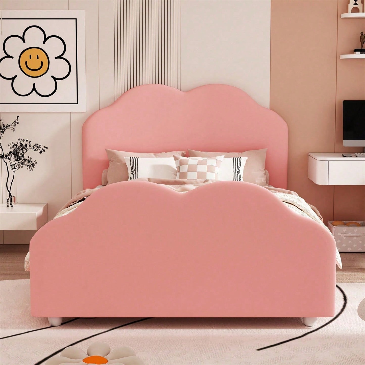 Polsterbett Kinderbett 90 x 200 cm hohes Geländer-Kinderbettgestell mit wolkenförmigem Kopf- und Fußteil. Einzelbett in hautfreundlichem Samt Rosa,ohne Matratze,