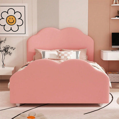 Polsterbett Kinderbett 90 x 200 cm hohes Geländer-Kinderbettgestell mit wolkenförmigem Kopf- und Fußteil. Einzelbett in hautfreundlichem Samt Rosa,ohne Matratze,