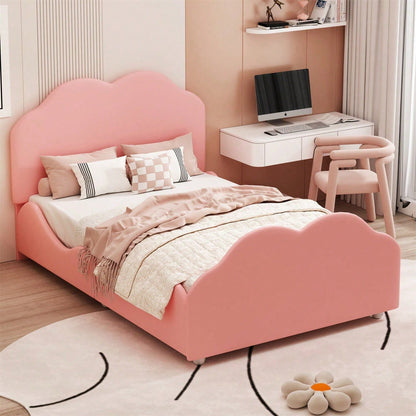 Polsterbett Kinderbett 90 x 200 cm hohes Geländer-Kinderbettgestell mit wolkenförmigem Kopf- und Fußteil. Einzelbett in hautfreundlichem Samt Rosa,ohne Matratze,