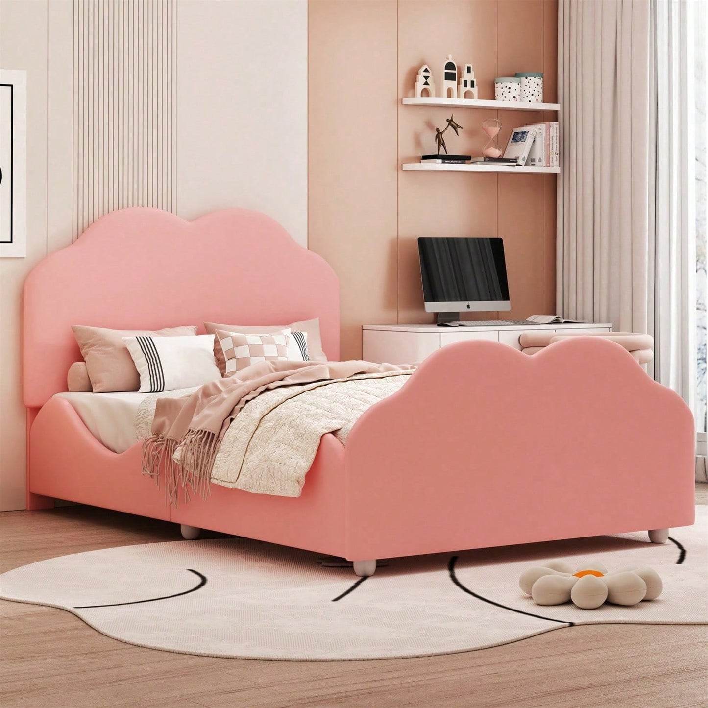 Polsterbett Kinderbett 90 x 200 cm hohes Geländer-Kinderbettgestell mit wolkenförmigem Kopf- und Fußteil. Einzelbett in hautfreundlichem Samt Rosa,ohne Matratze,