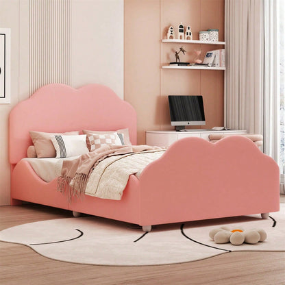 Polsterbett Kinderbett 90 x 200 cm hohes Geländer-Kinderbettgestell mit wolkenförmigem Kopf- und Fußteil. Einzelbett in hautfreundlichem Samt Rosa,ohne Matratze,