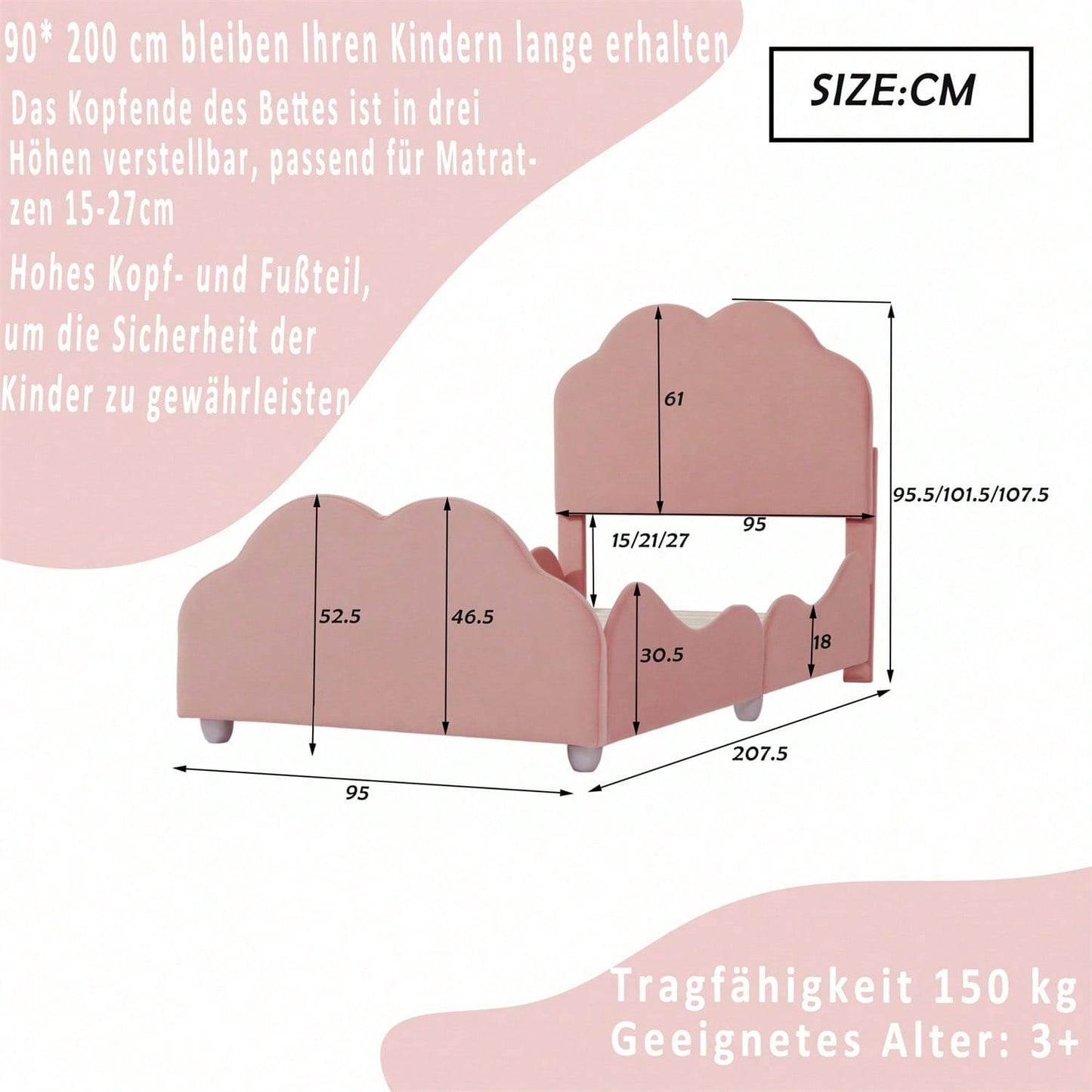 Polsterbett Kinderbett 90 x 200 cm hohes Geländer-Kinderbettgestell mit wolkenförmigem Kopf- und Fußteil. Einzelbett in hautfreundlichem Samt Rosa,ohne Matratze,