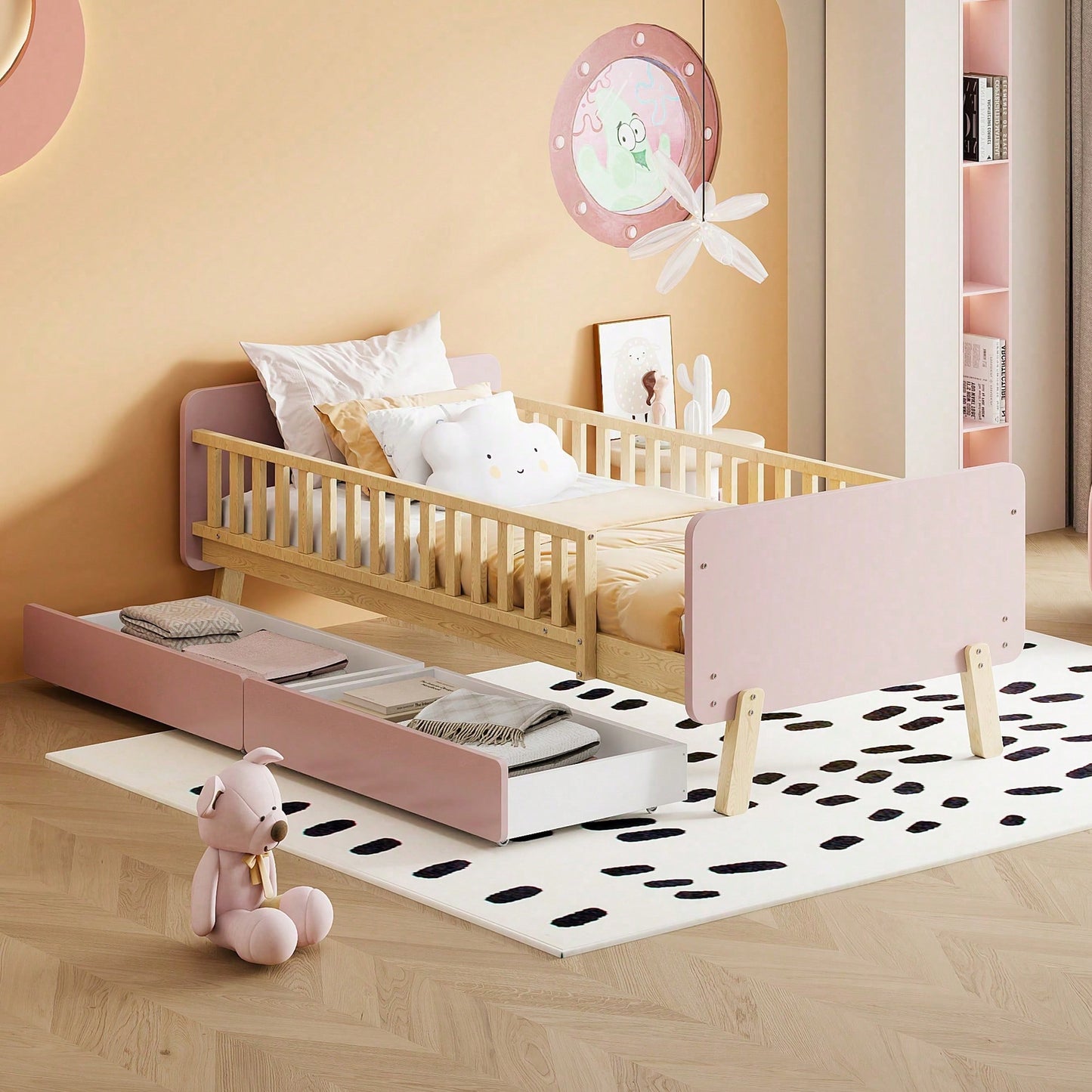 Kinderbett 90x190 mit 2 Schubladen, Einzelbett aus Massivholz mit Lattenrost, Rosa