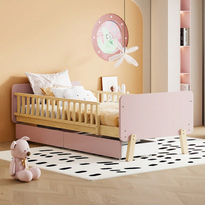 Kinderbett 90x190 mit 2 Schubladen, Einzelbett aus Massivholz mit Lattenrost, Rosa