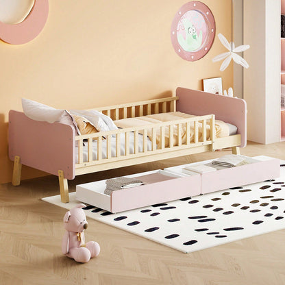 Kinderbett 90x190 mit 2 Schubladen, Einzelbett aus Massivholz mit Lattenrost, Rosa
