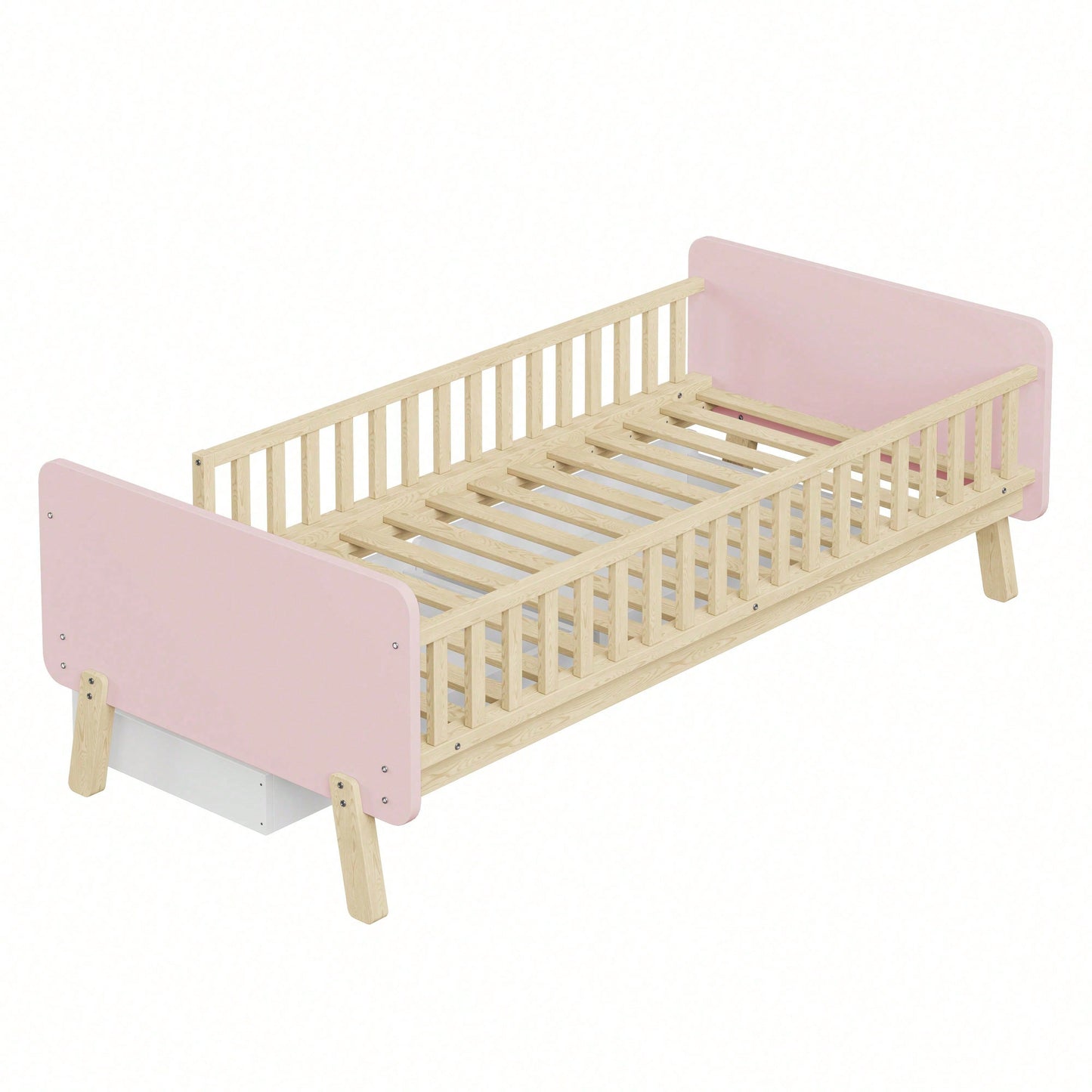Kinderbett 90x190 mit 2 Schubladen, Einzelbett aus Massivholz mit Lattenrost, Rosa