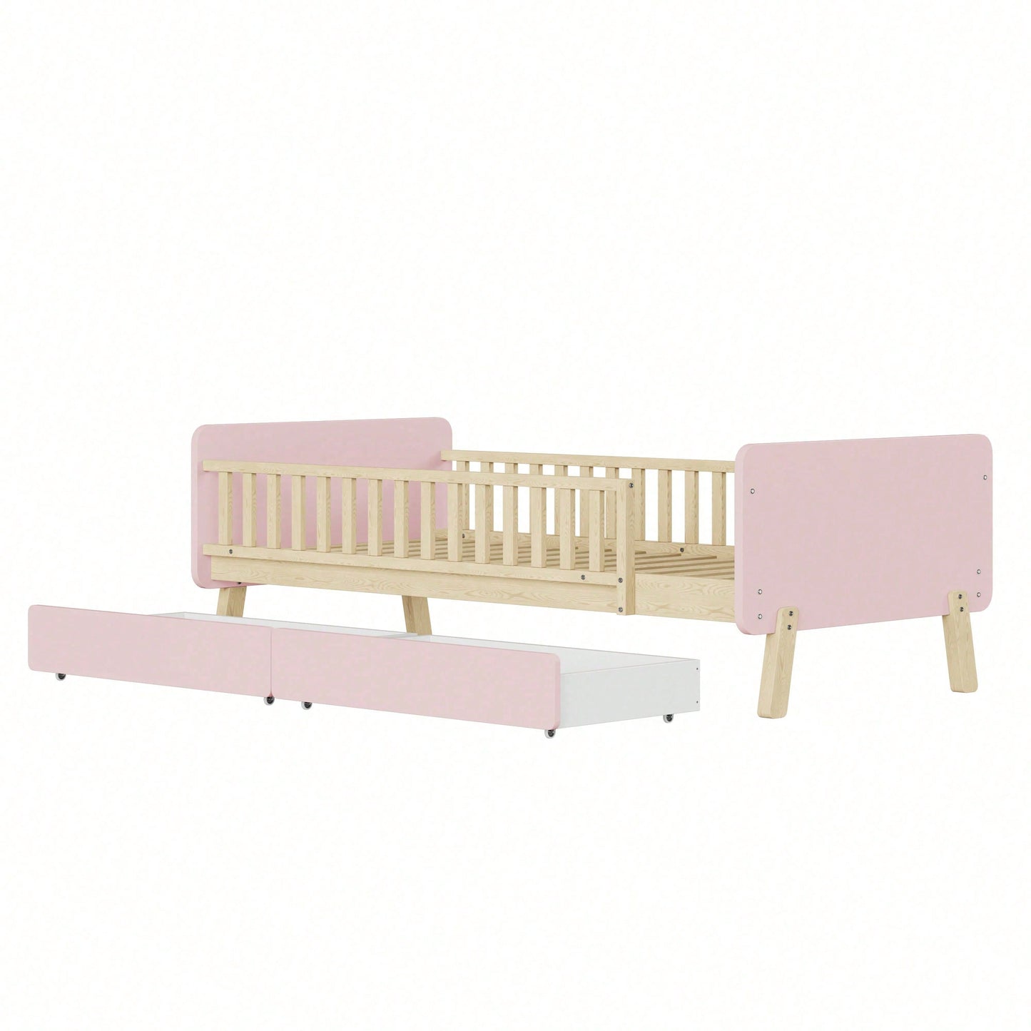 Kinderbett 90x190 mit 2 Schubladen, Einzelbett aus Massivholz mit Lattenrost, Rosa