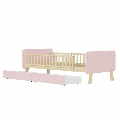 Kinderbett 90x190 mit 2 Schubladen, Einzelbett aus Massivholz mit Lattenrost, Rosa