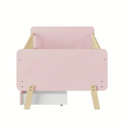 Kinderbett 90x190 mit 2 Schubladen, Einzelbett aus Massivholz mit Lattenrost, Rosa