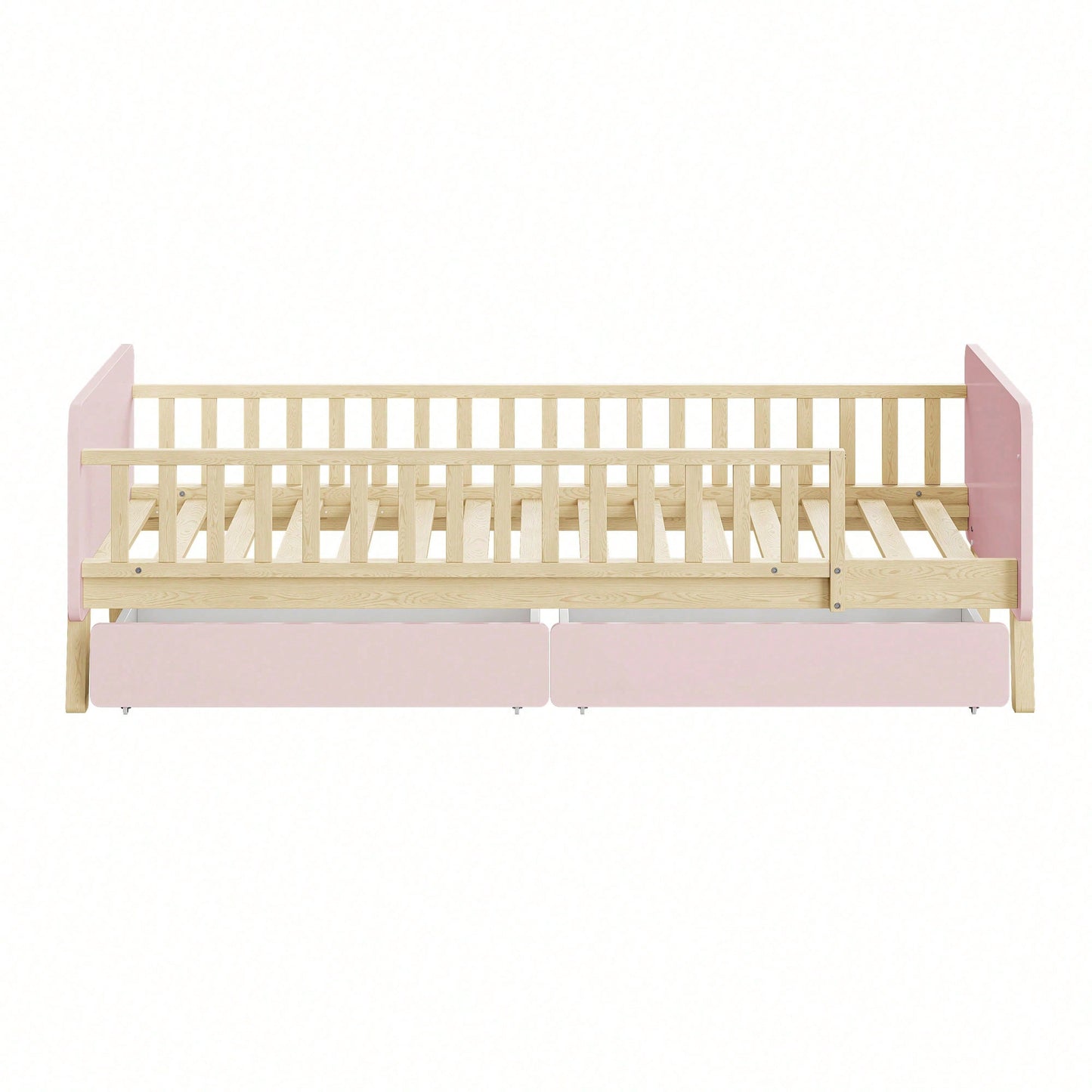 Kinderbett 90x190 mit 2 Schubladen, Einzelbett aus Massivholz mit Lattenrost, Rosa